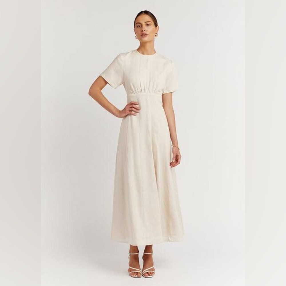 DISSH Jayde Natural Linen Midi Dress Short Sleeve High Neckline Size 4